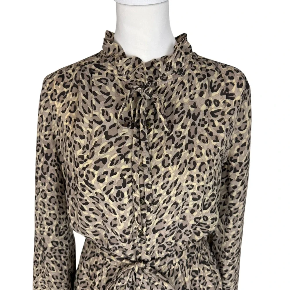 LOFT Leopard Print Ruffle Neck Tie Waist Long Sleeve Mini Dress Brown Tan 12